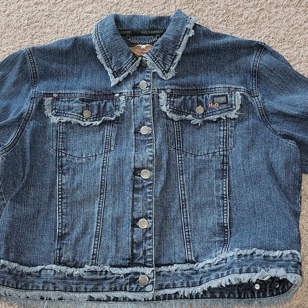 Harley-Davidson HD Denim Jacket Frayed Raw Edges Logo Moto Hippie Y2K Rare XL - Picture 7 of 13